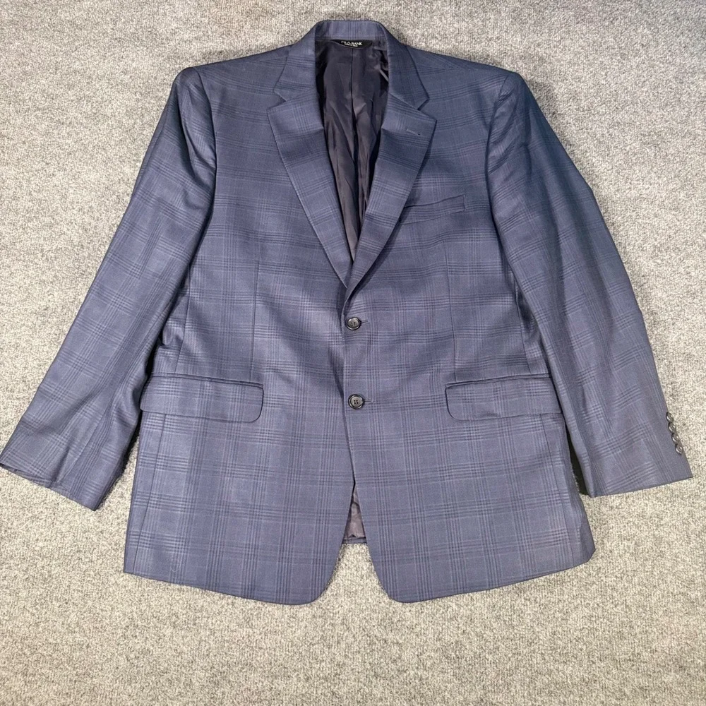 Jos A Bank Signature Blazer Silk Wool Plaid Sport Coat 46R Navy Blue Mens Jacket